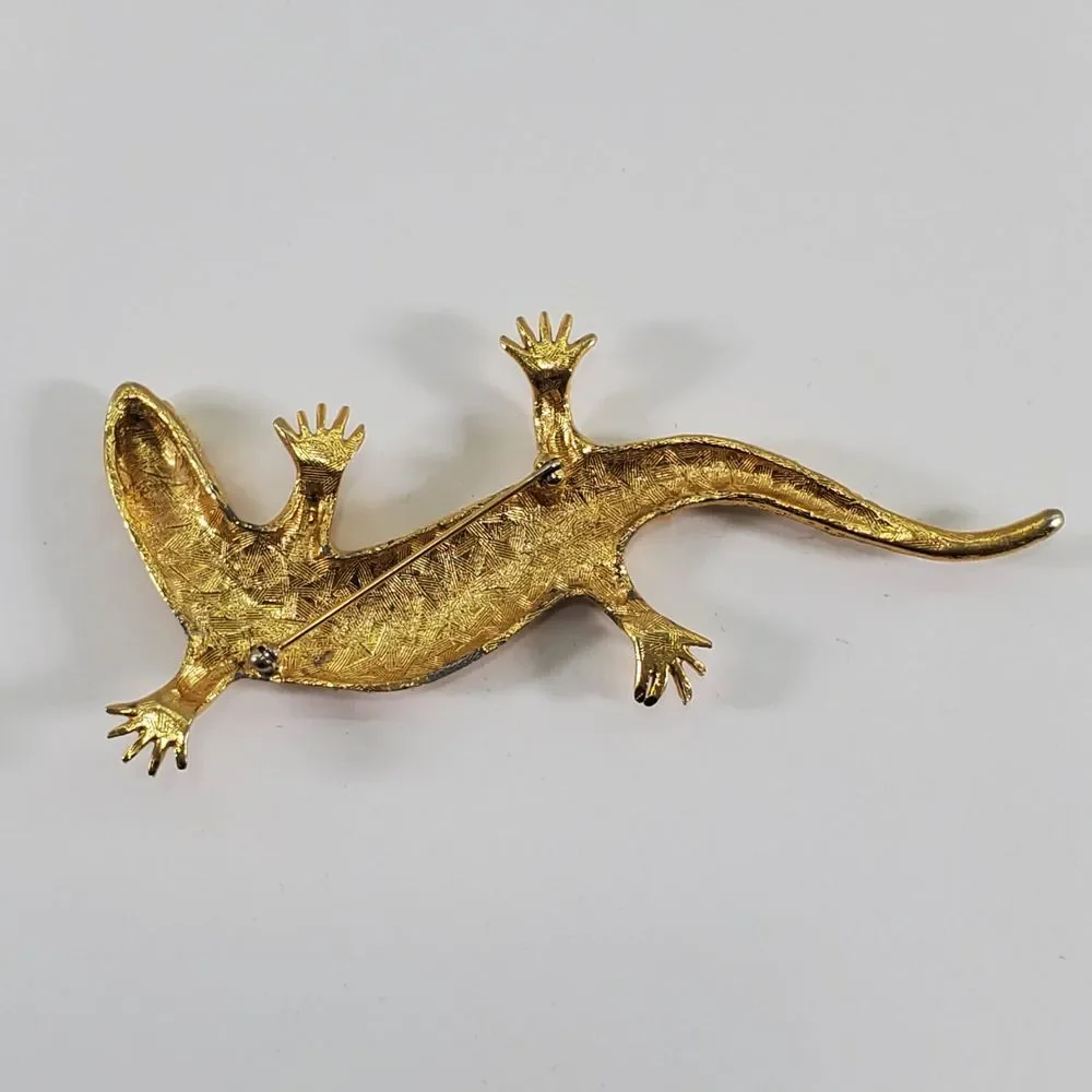Vintage Faceted Lizard Brooch Pin Gold Tone Textured 3D Reptile Gecko